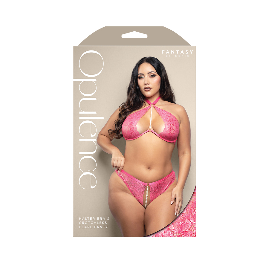 Pink queen size halter bra & crotchless pearl panty inside packaging.