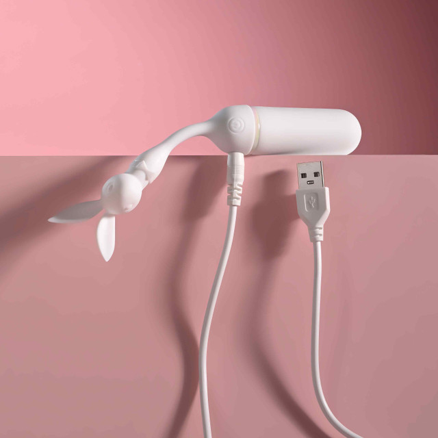 White playboy lucky charm light up vibrator example photo with usb charger.