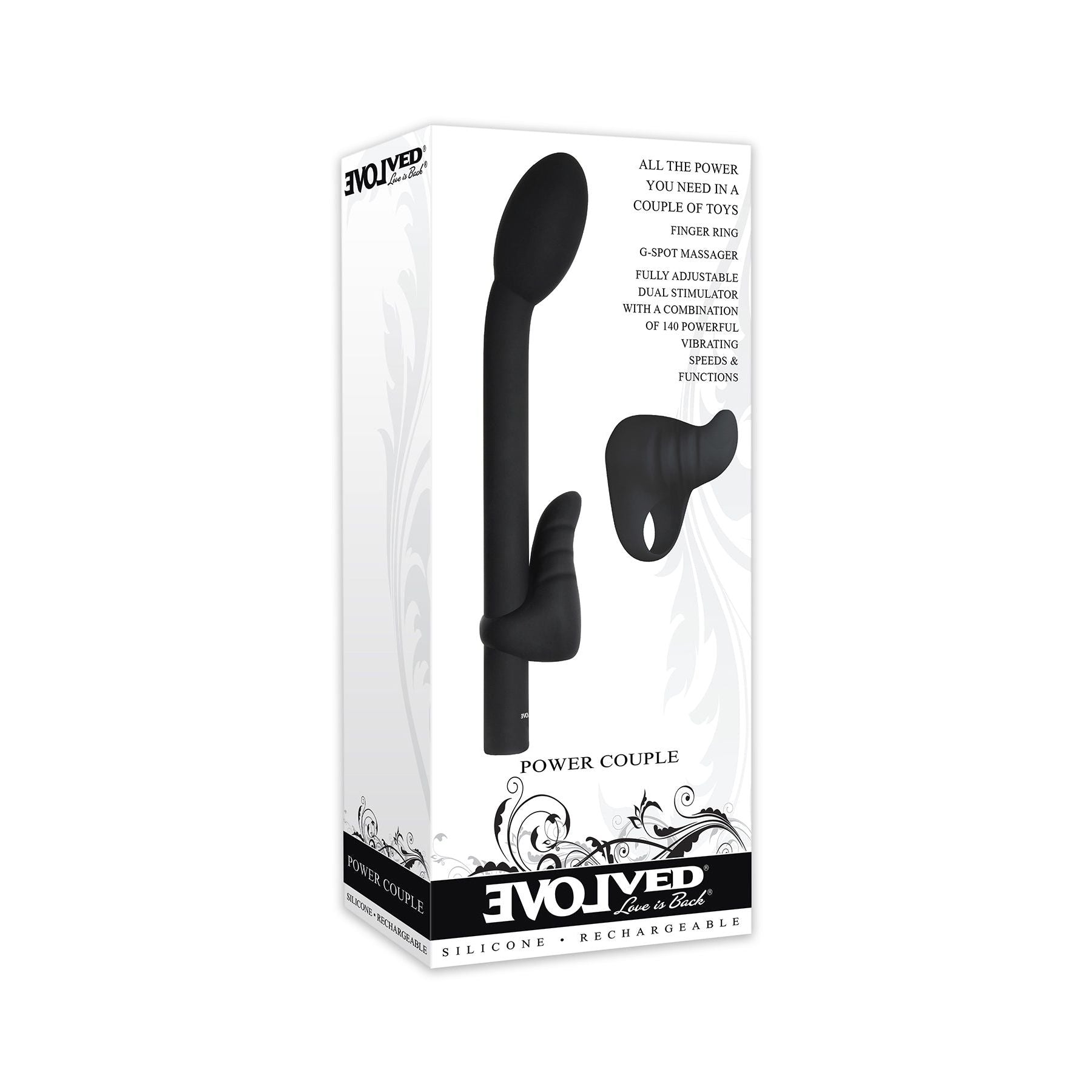 Black vibrator kit 2pk, including G-spot curved vibrator and silicone finger ring.