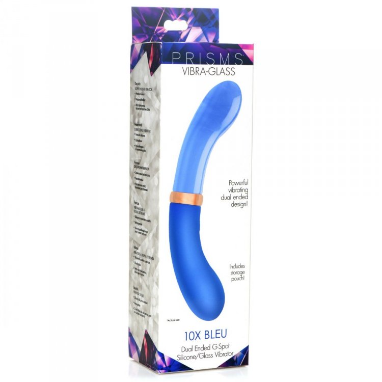 Blue dual ended G-spot silicone/glass vibrator inside packaging.