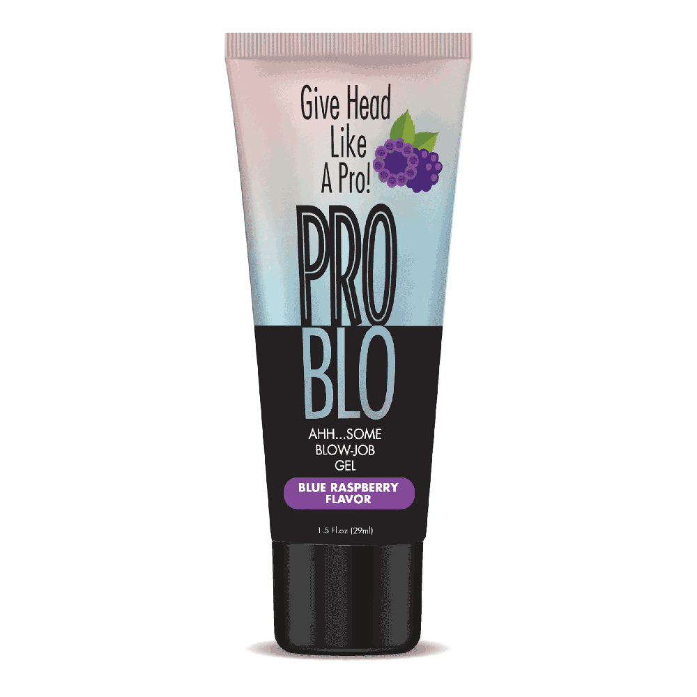 Problo blue raspberry flavored oral pleasure gel lubricant. Featuring a 1.5oz tube with lid.
