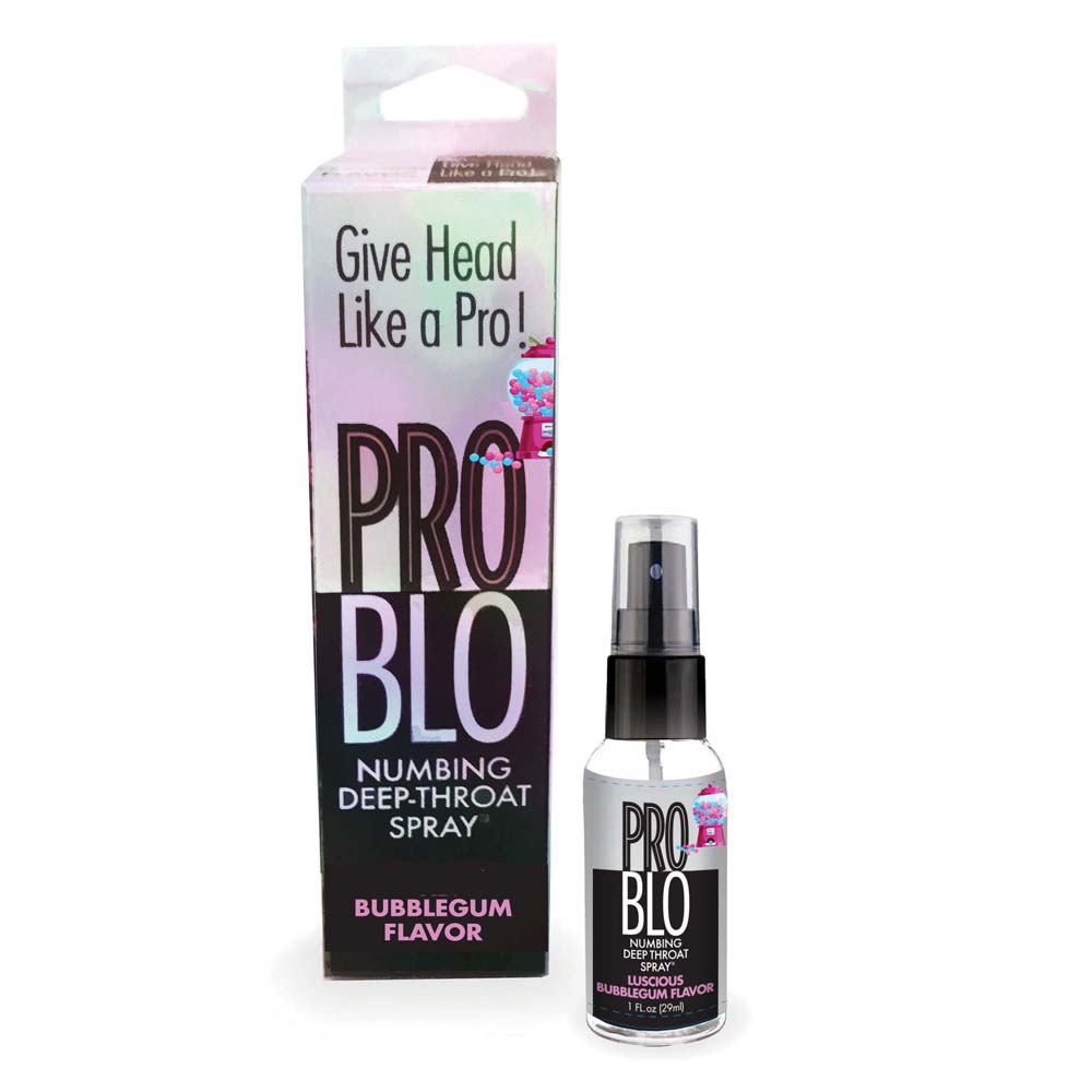 Problo bubble gum flavored deep throat numbing spray. Featuring a 1oz bottle beside packaging
