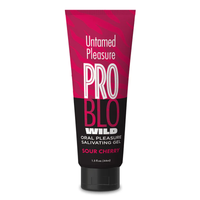 problo untamed pleasure oral pleasure salivating gel sour cherry flavored. featuring a 1.5oz tube with swining lid.