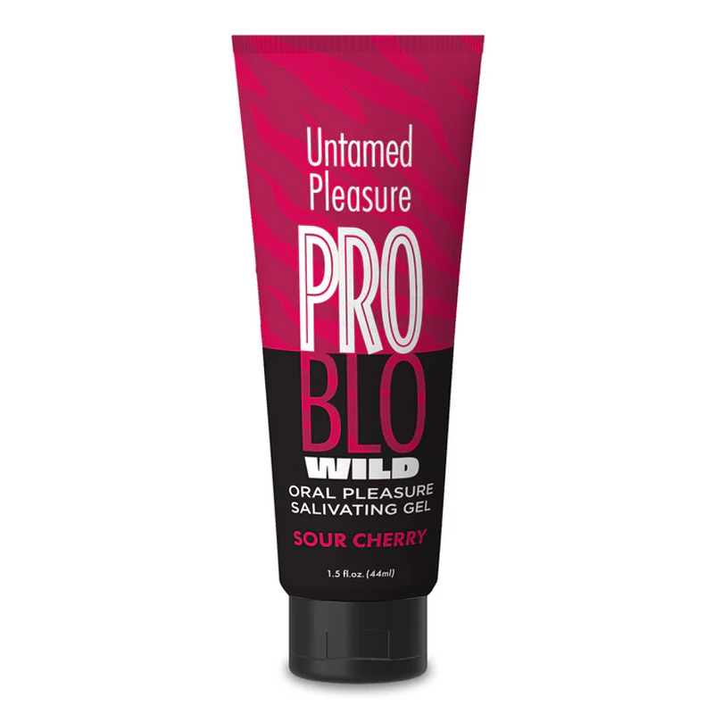 problo untamed pleasure oral pleasure salivating gel sour cherry flavored. featuring a 1.5oz tube with swining lid.
