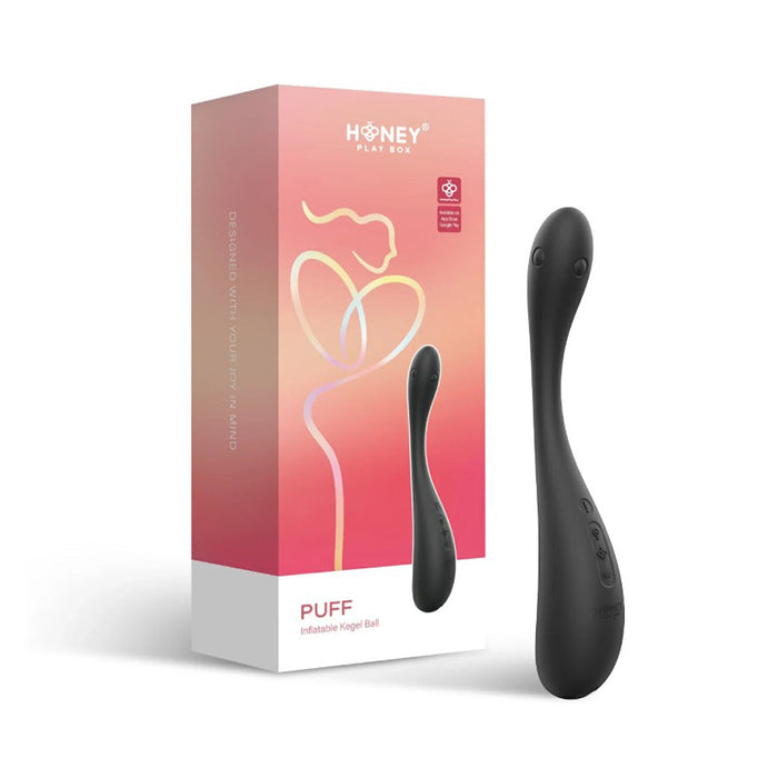 Black inflatable Kegel trainer beside box