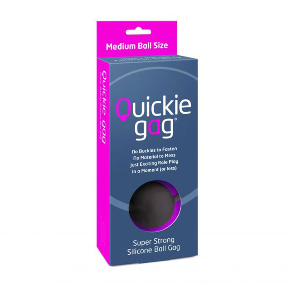 Black quickie ball gag medium size inside packaging.