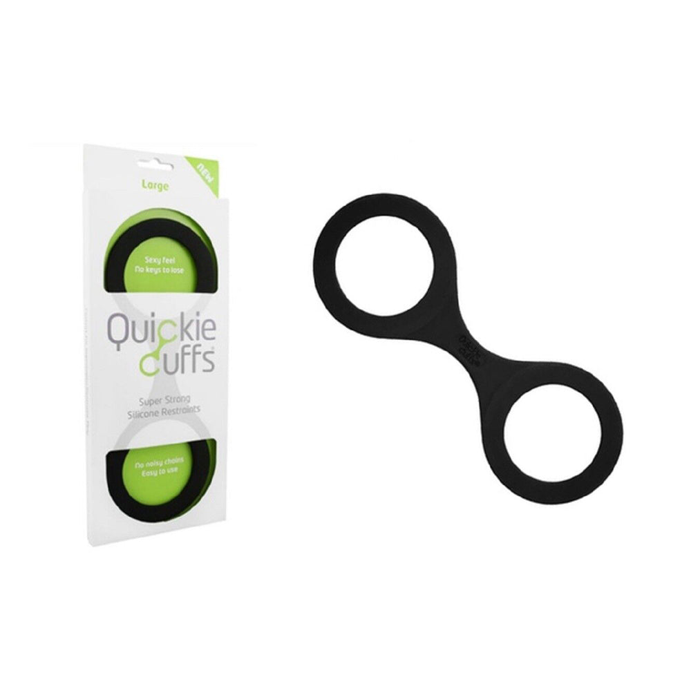 Black quickie cuffs super strong silicone restraints beside packaging.