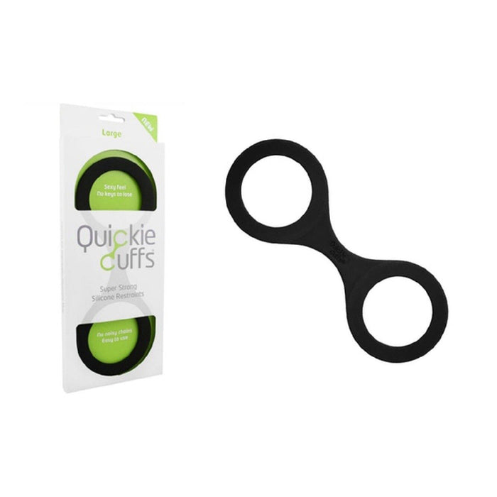 Black quickie cuffs super strong silicone restraints beside packaging.