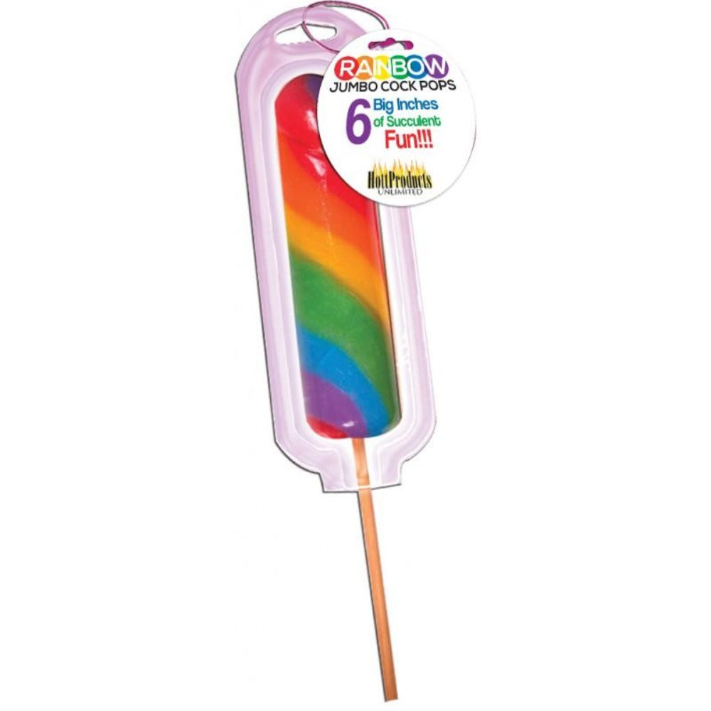 Jumbo rainbow candy cock pop in packaging