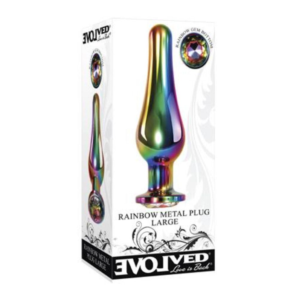 Rainbow large metal anal plug inside packaging.