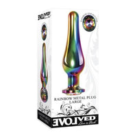 Rainbow large metal anal plug inside packaging.