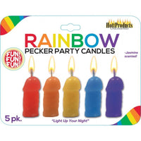 Rainbow pecker party candles 5pk jasmine scented in packaging