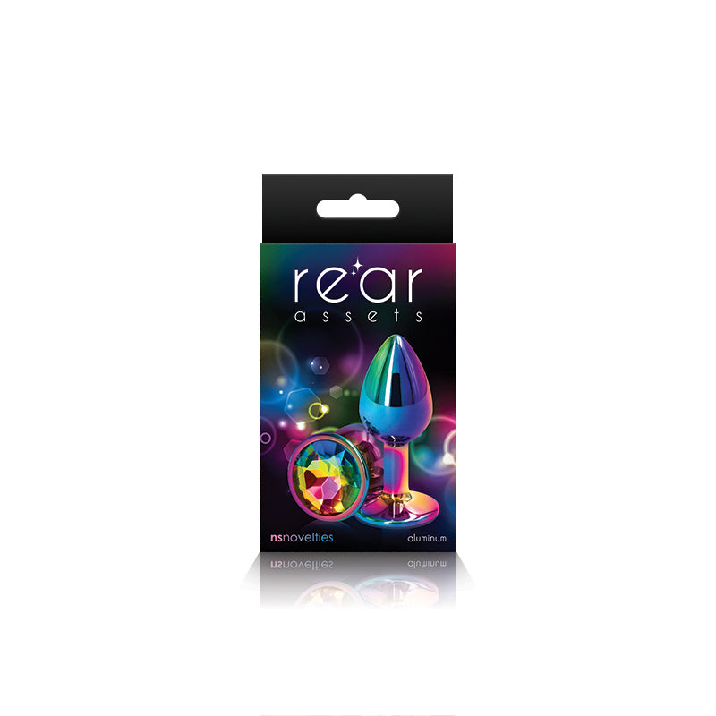Multi colored small anal plug with gem inside packaging.