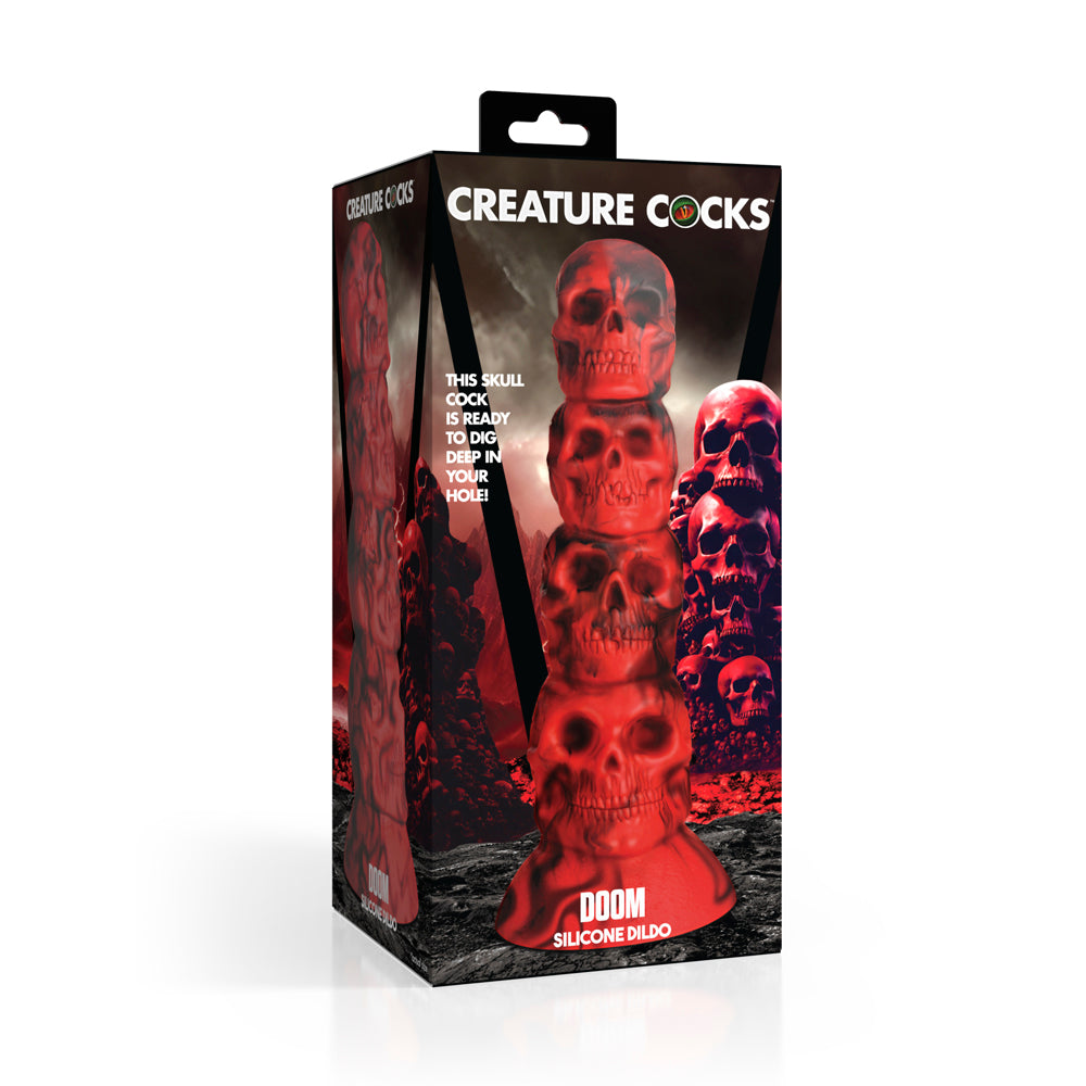 Red doom silicone dildo inside packaging.