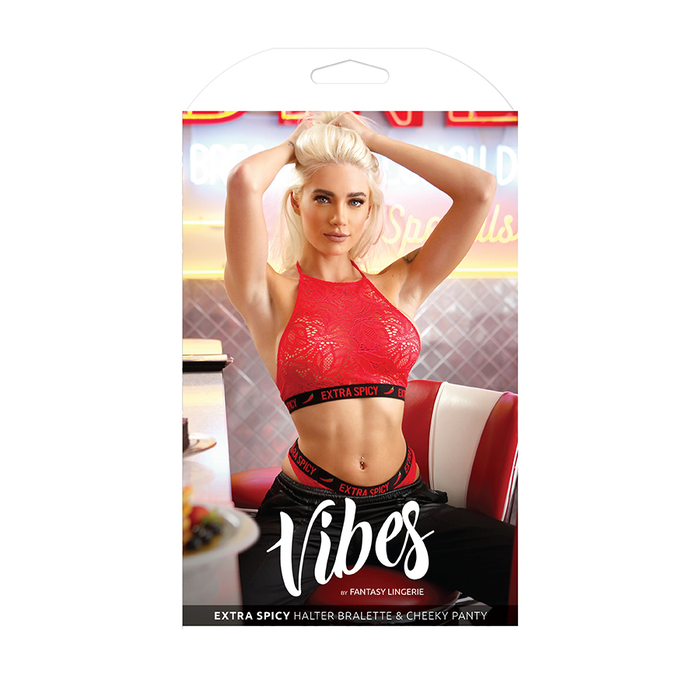 Red lace halter & cheeky panty example photo inside packaging.