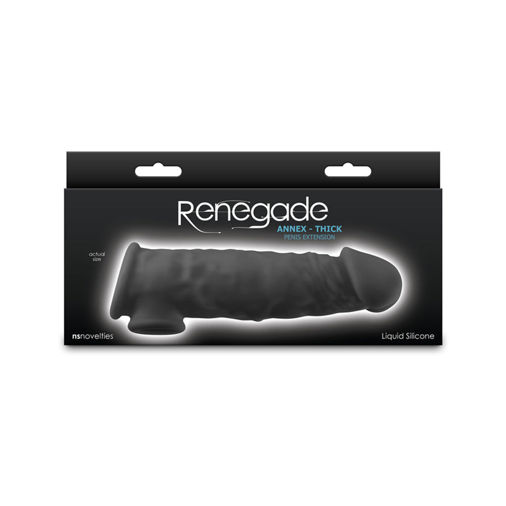 Black thick penis sleeve extension inside packaging.