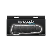 Black thick penis sleeve extension inside packaging.
