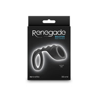 Black bolster cock ring inside packaging.