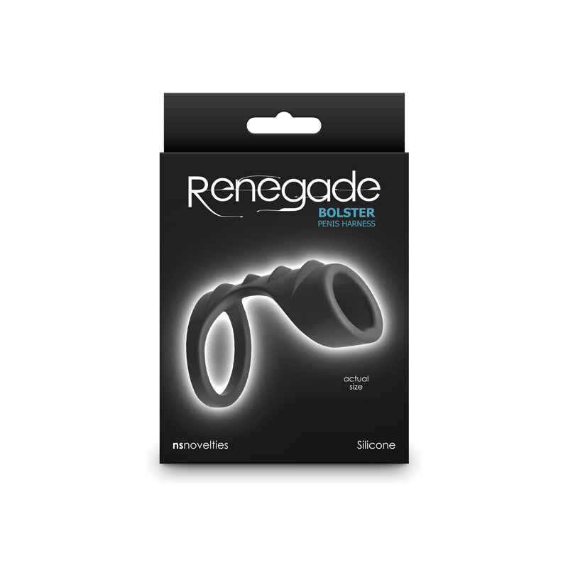 Black bolster cock ring inside packaging.