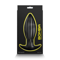 Black large anal plug inside packaging.