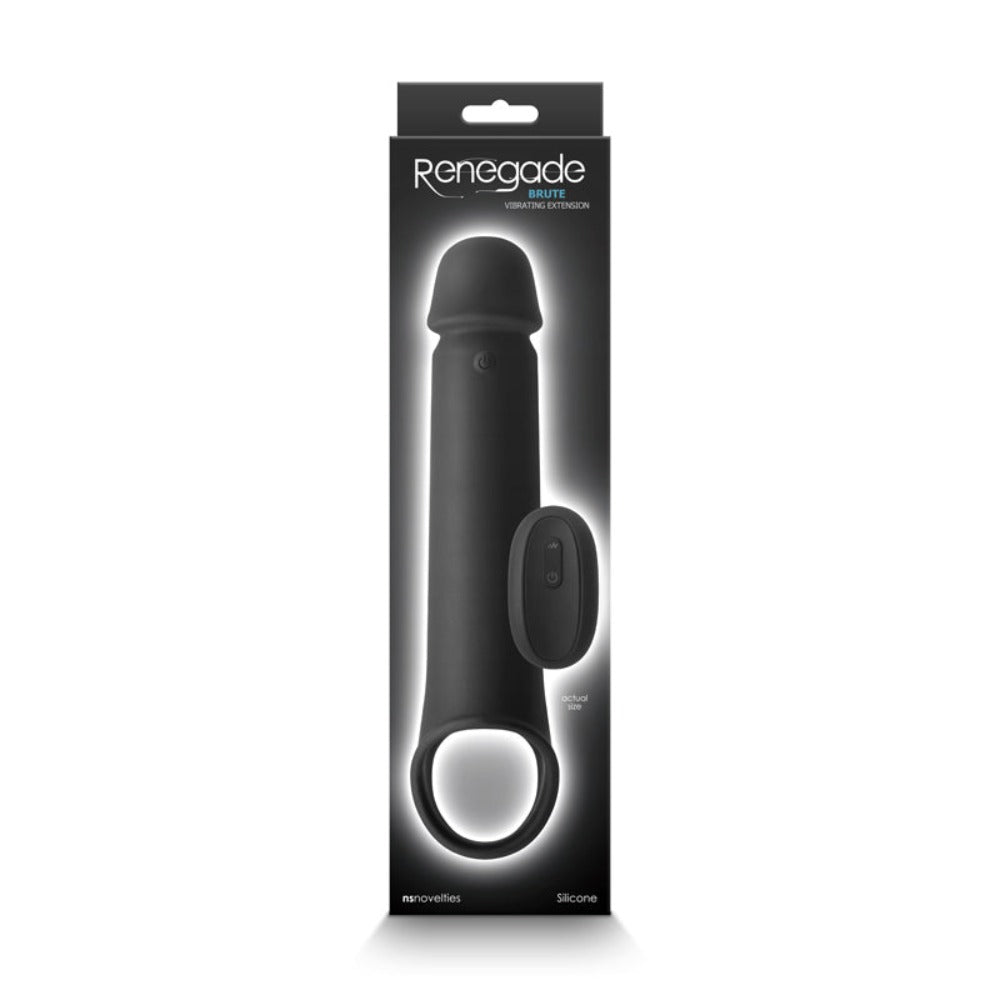 Black brute vibrating penis extension inside packaging.
