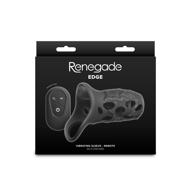Black renegade edge vibrating penis sleeve  with remote inside packaging.