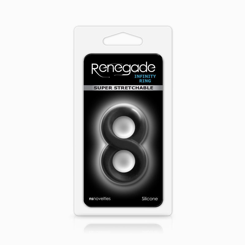 Black infinity cock ring inside packaging.