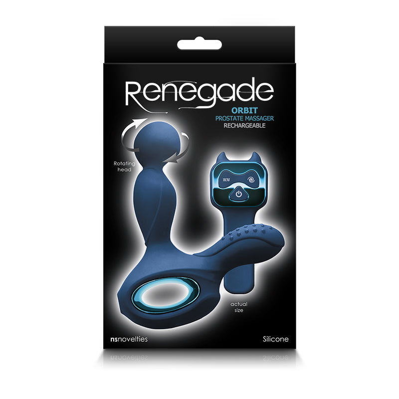 Navy orbit vibrating anal plug with rotating prostate massager with heat and remote inside packaging.