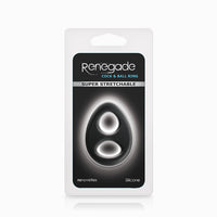 Black Romeo renegade silicone cock and ball ring inside packaging.