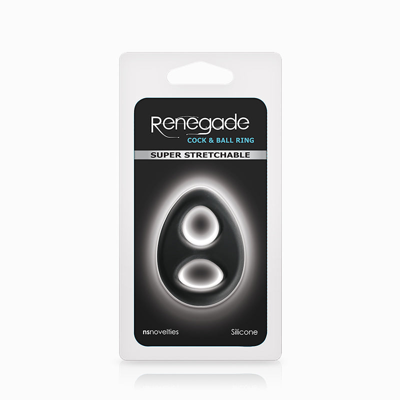 Black Romeo renegade silicone cock and ball ring inside packaging.