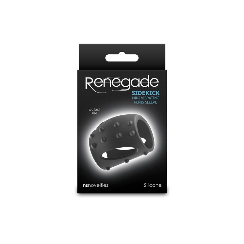 Black vibrating sidekick mini vibrating penis sleeve inside packaging.