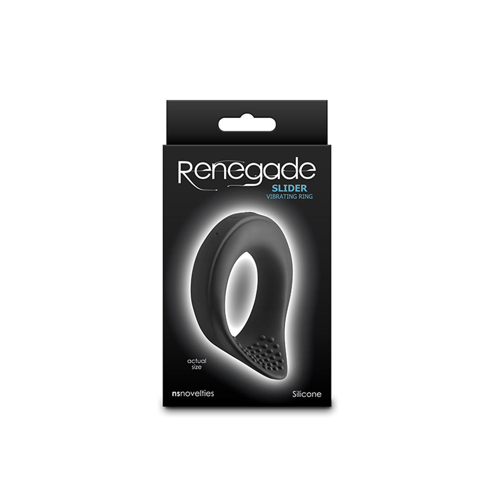 Black vibrating cock ring inside packaging.