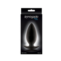 Black large spade anal plug inside packaging.