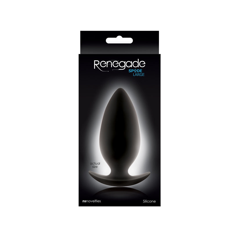 Black large spade anal plug inside packaging.