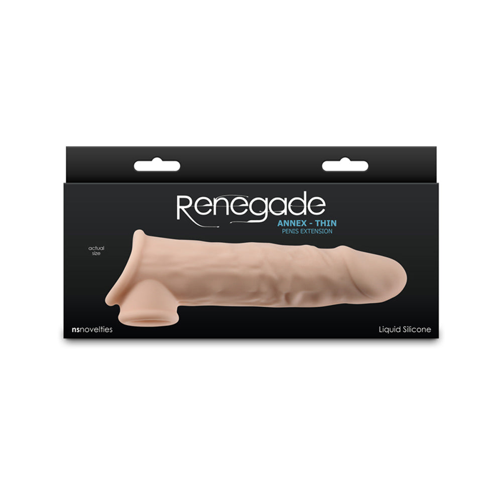 Beige thin penis extension inside packaging.