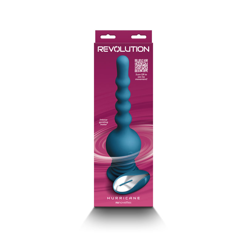 Teal Hurricane anal vibrator with remote inside packaging.