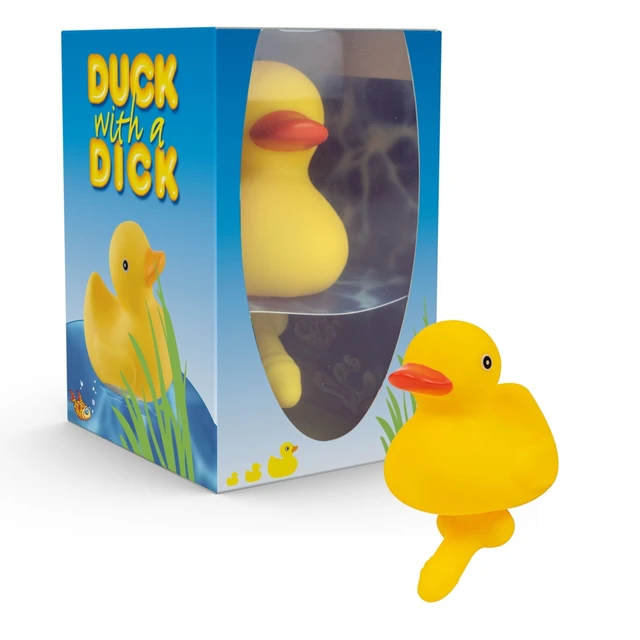 Yellow rubber duck with a dick beside packaging example photo
