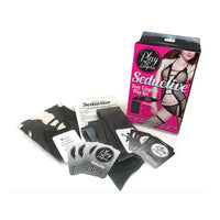 Seductive play with me lingerie kit. Featuring a high quality fishnet stocking and compatible for most sizes. Example photo beside packaging. 