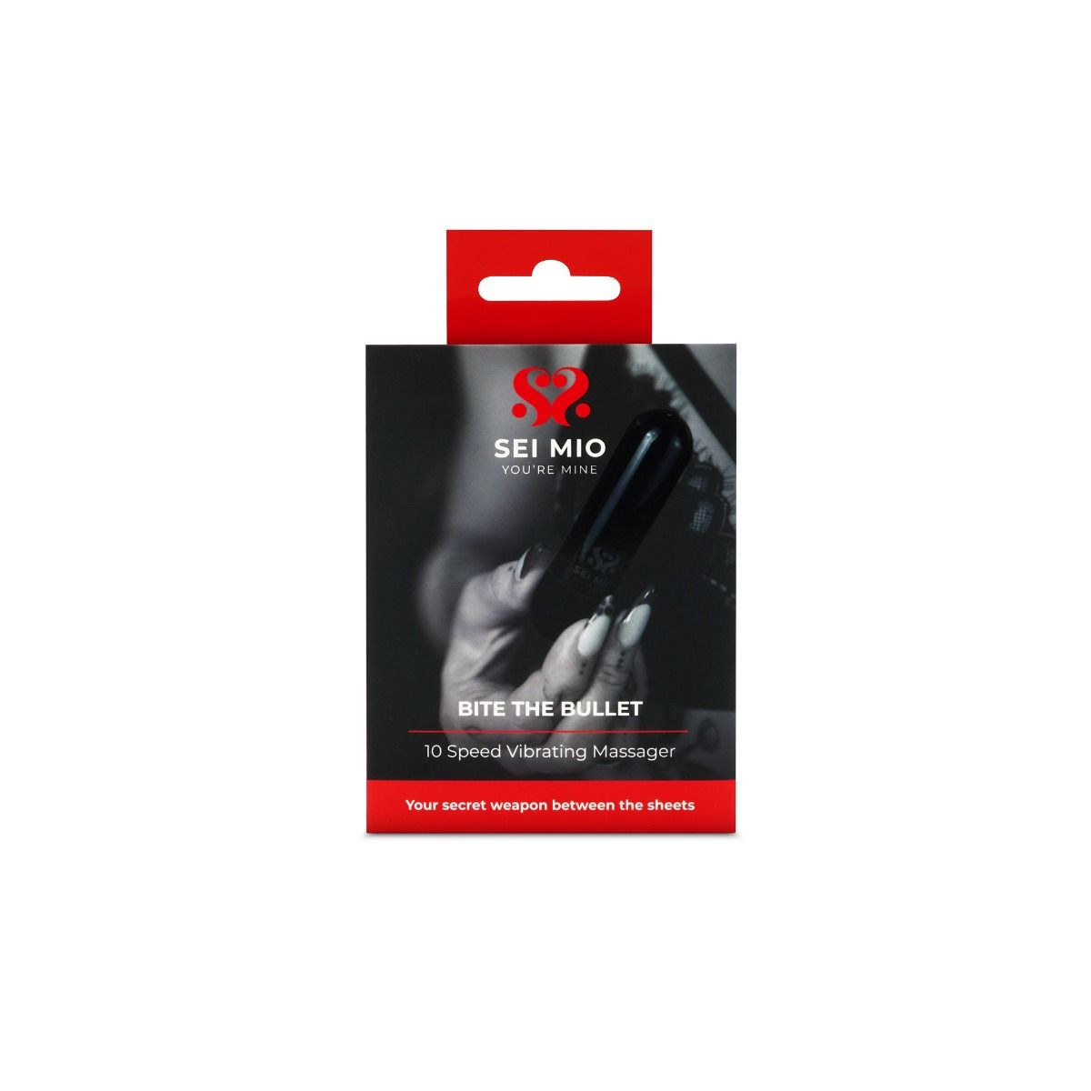 Black bite the bullet vibrating massager featuring 10 speeds.