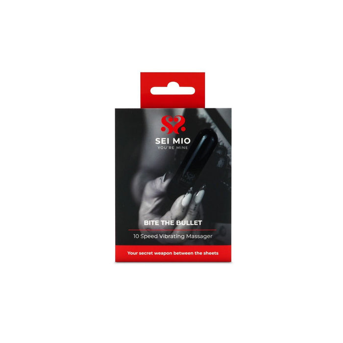 Black bite the bullet vibrating massager featuring 10 speeds.