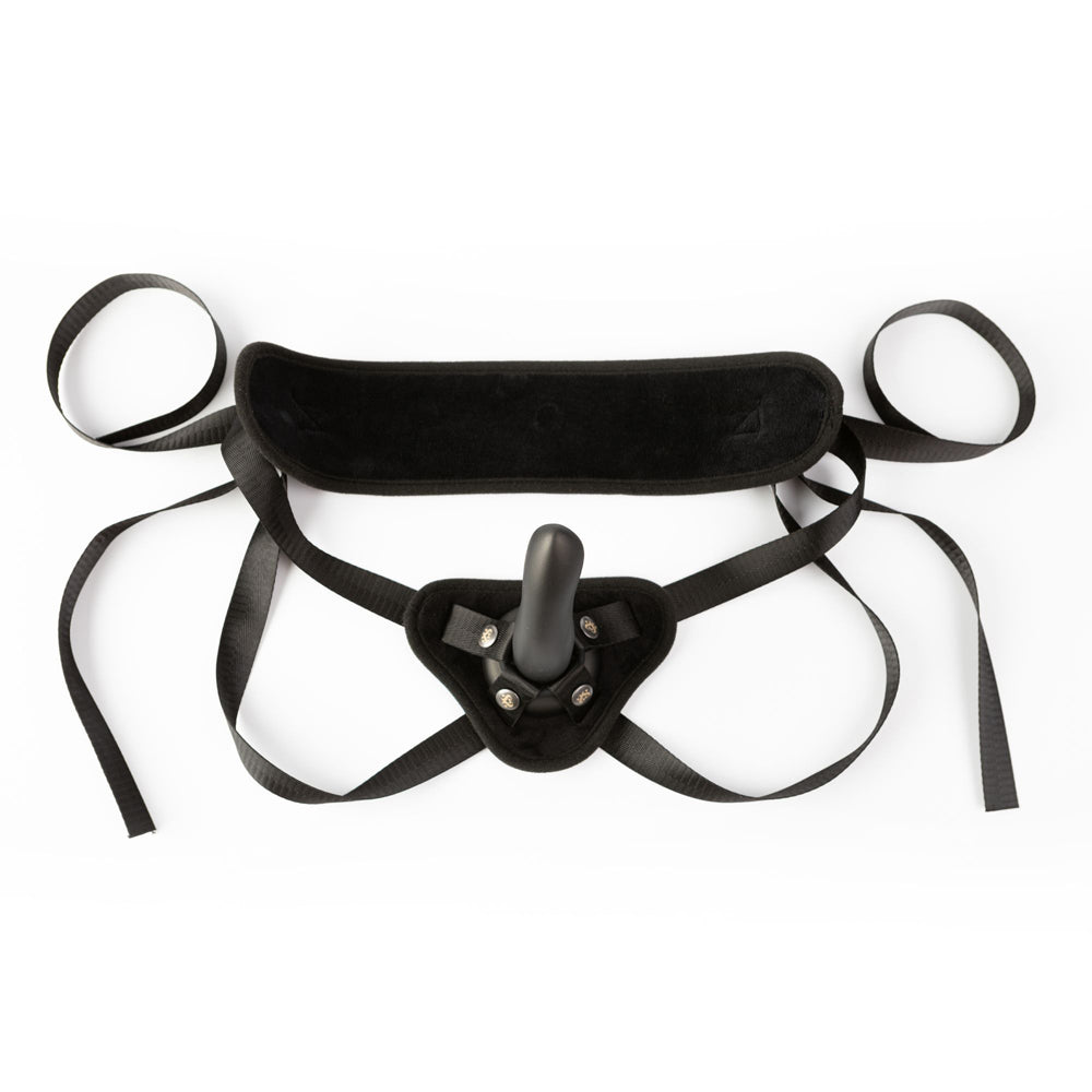 Black strap on harness with posable dildo example photo.