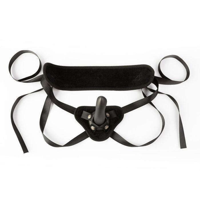 Black strap on harness with posable dildo example photo.