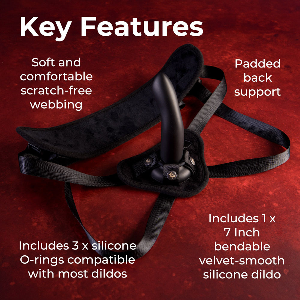 Strap on harness kit featuring 3 silicone o-rings padded back strap and 7 inch velvet smooth dildo.
