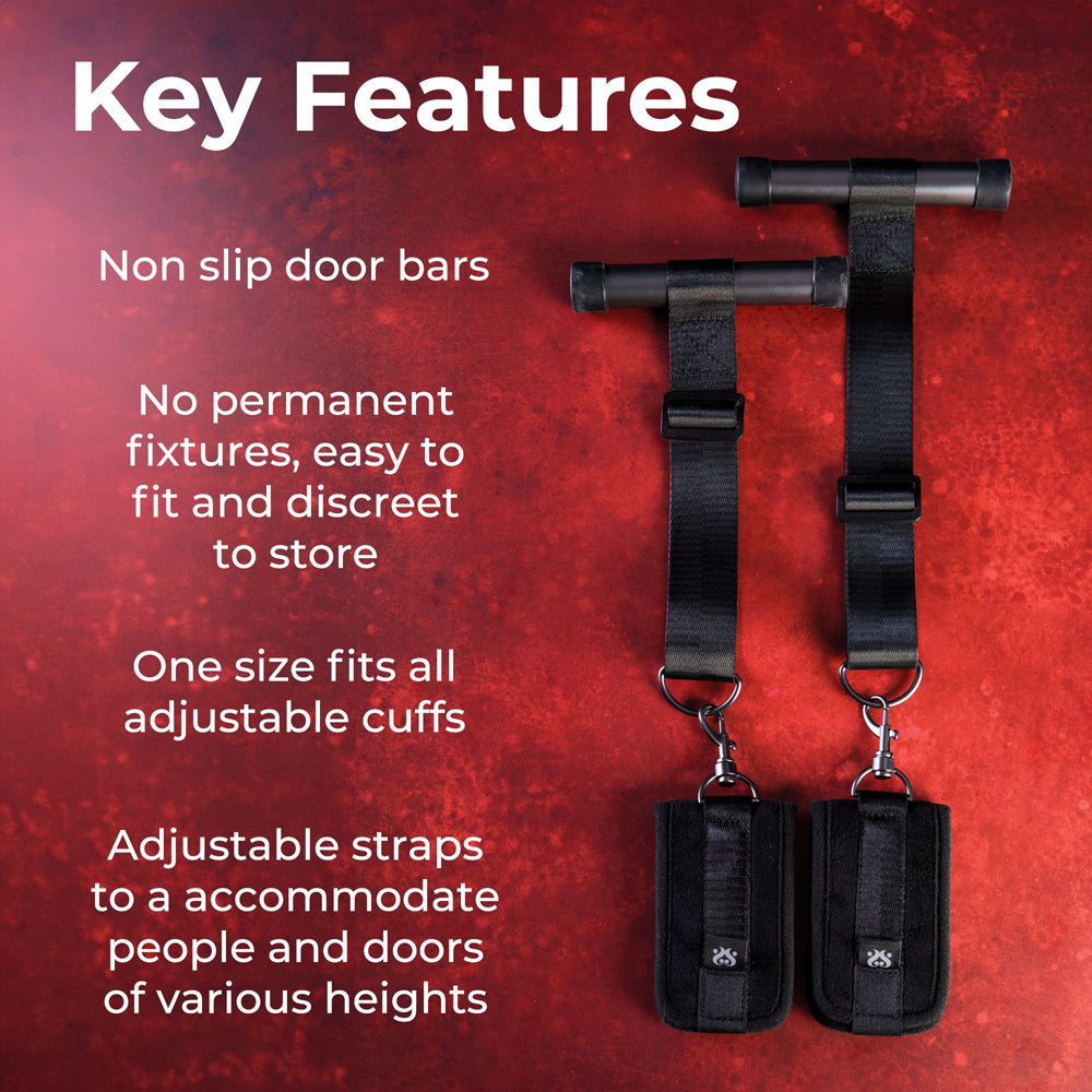 Doorway play cuff restraints example photo featuring non slip door bars, one size fits all and adjustable straps to accommodate people and door heights.