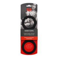 Black handi cuffs silicone restraints inside packaging.