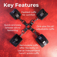 Black Hog tie and cuff set featuring padded cuffs, easy releasing Velcro, multi usage cuffs and one size fits all cuffs.