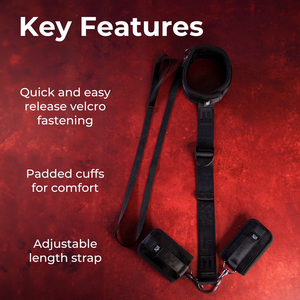Neck and wrist restraints featuring quick release Velcro, padded cuffs and adjustable length strap.