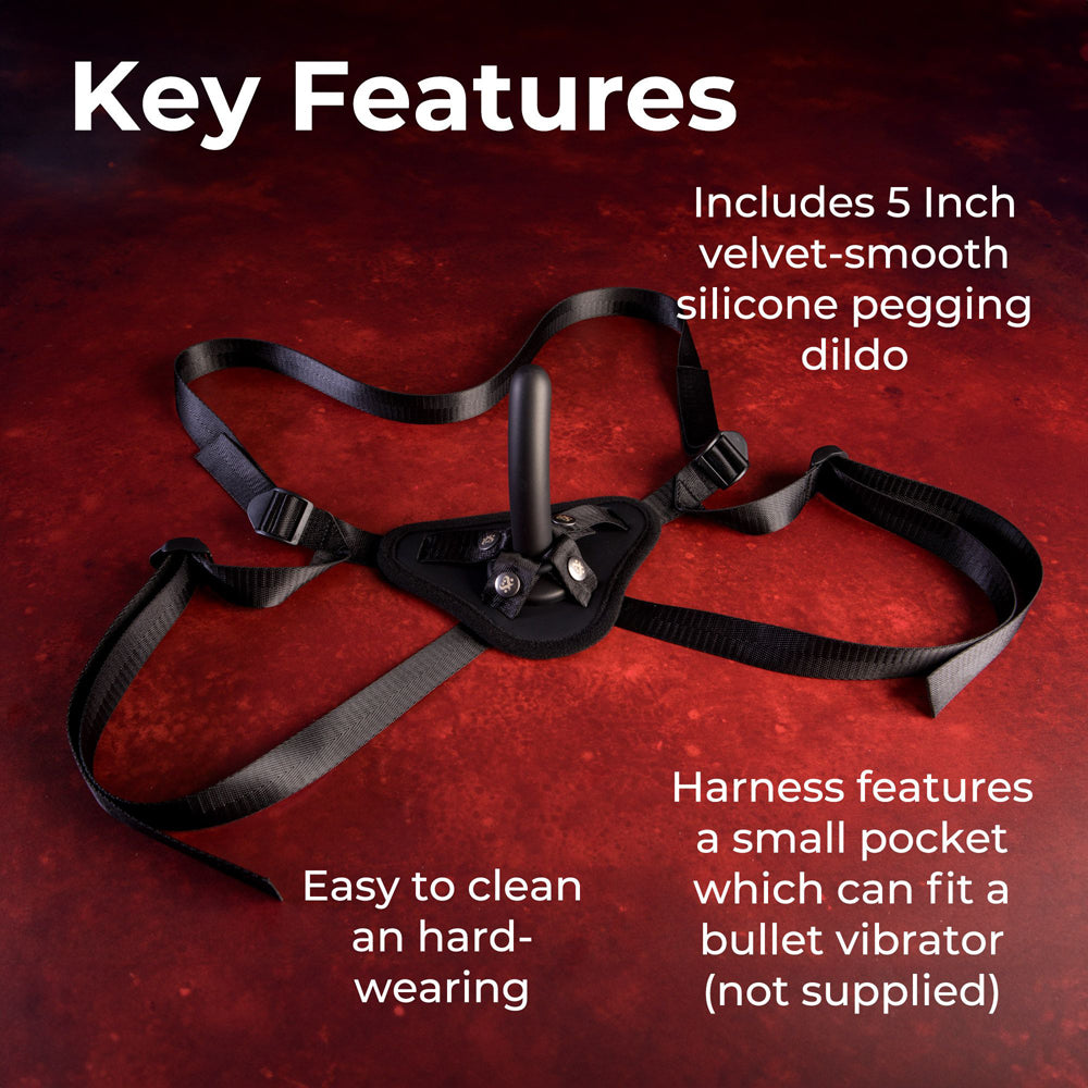 Strap on harness with dildo featuring 5 inch silicone pegging dildo, harness with a small pocket.