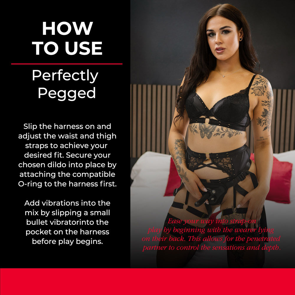 Perfectly pegged strap on harness instructional photo.