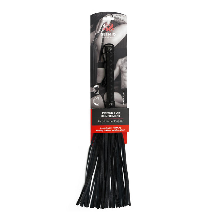 Black primed for punishment faux leather flogger inside packaging.